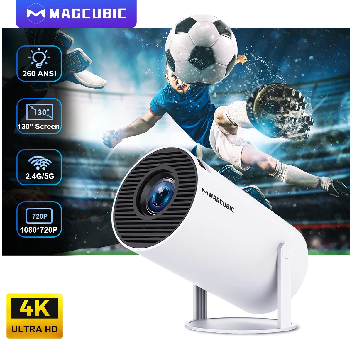 HY300 Pro 4K Portable Projector with Android 11, Dual WiFi, 260 ANSI Lumens, 180° Flexibility, and Bluetooth 5.0 for Outdoor Cinema